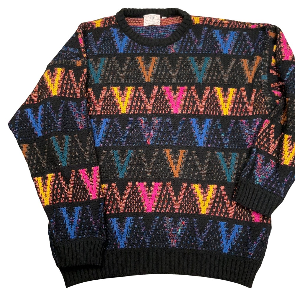 Pronto Uomo Sweater Mens 2XL Black Multi Geometric 80s Italian Statement VTG